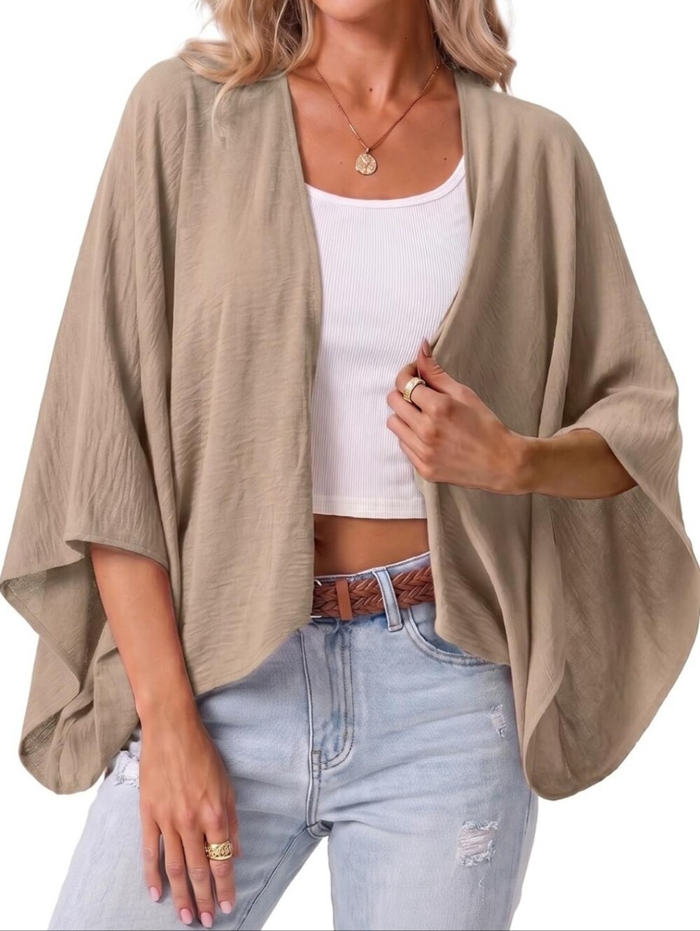 Open-Front Kimono Sleeve Cardigan in Taupe